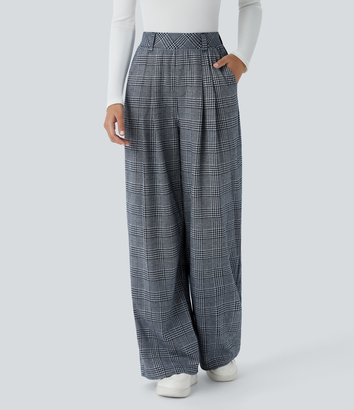 Lucille Pants — Navy Blue Houndstooth Plaid