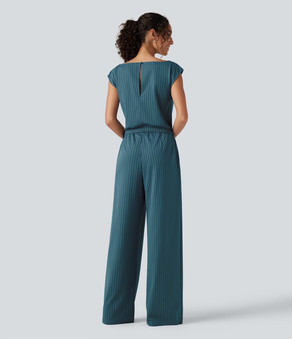 Rosalind Jumpsuit — Teal Pinstripe