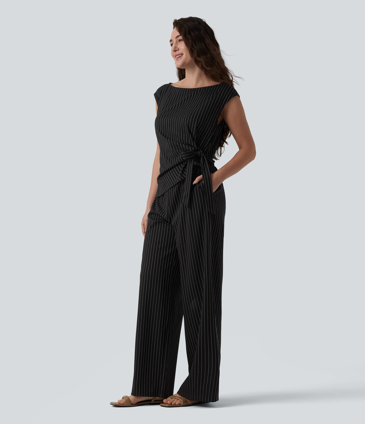 Rosalind Jumpsuit — Black White Pinstripe
