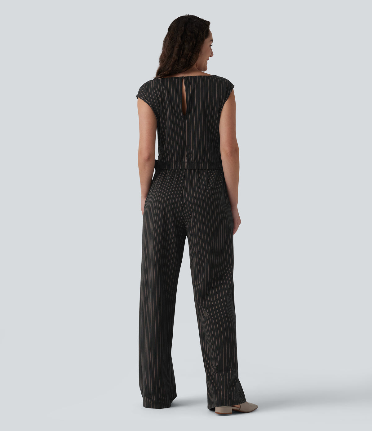 Rosalind Jumpsuit — Black Brown Black Pinstripe