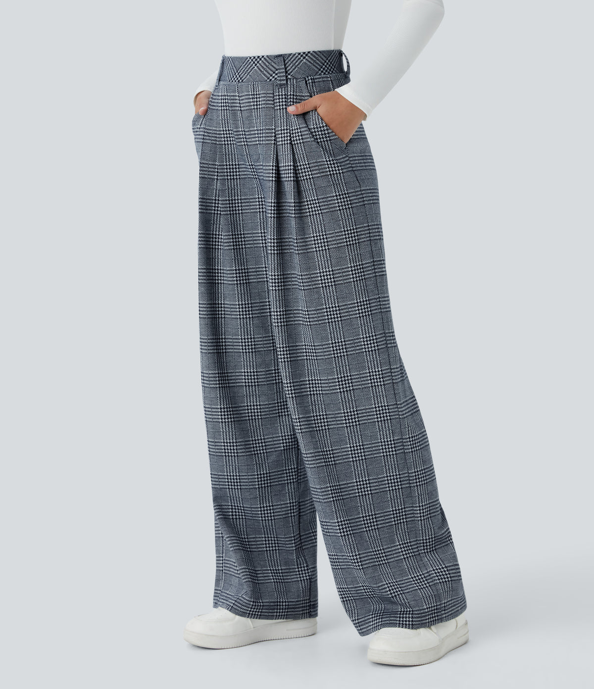 Lucille Pants — Navy Blue Houndstooth Plaid