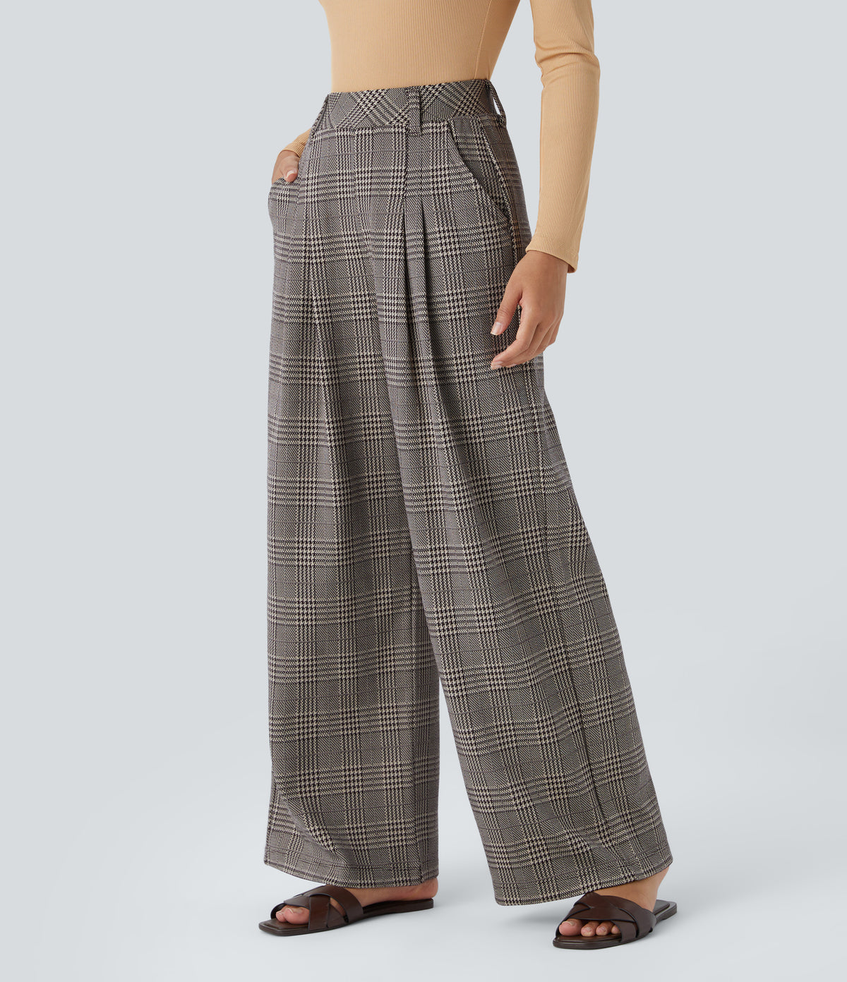 Lucille Pants — Brown Houndstooth Plaid