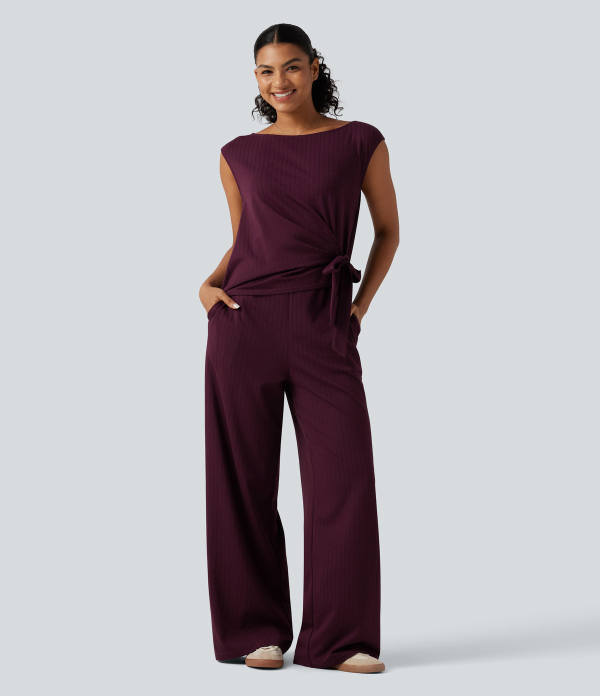 Rosalind Jumpsuit — Burgundy Pinstripe