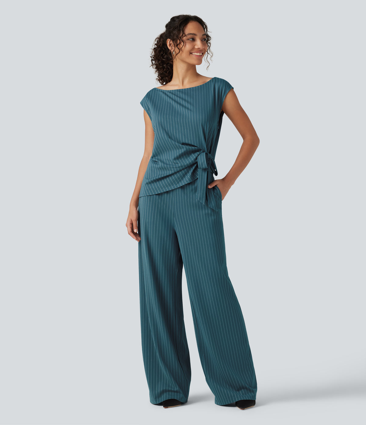 Rosalind Jumpsuit — Teal Pinstripe