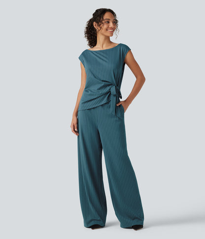 Rosalind Jumpsuit — Teal Pinstripe